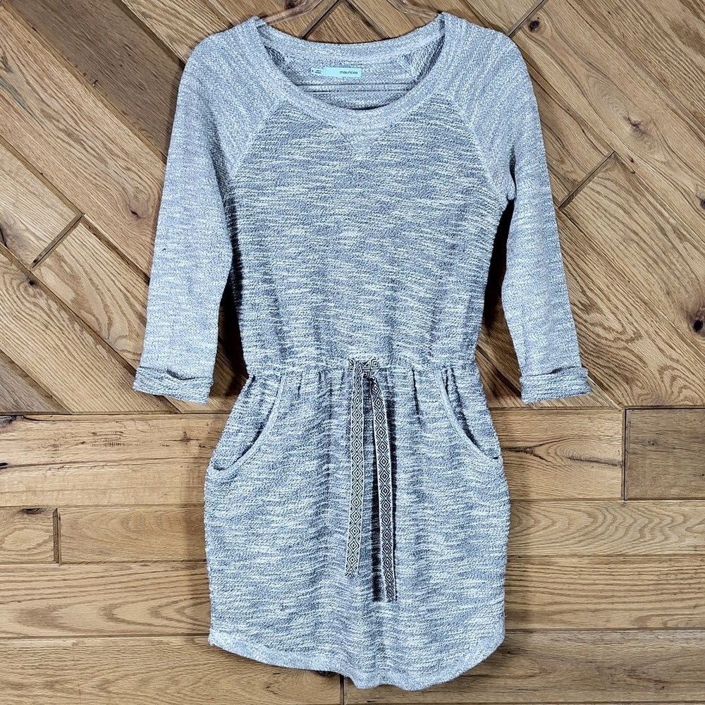 Maurices Knit Dress Womens Size S 3/4 Raglan Sleeve Drawstring Pockets Grey